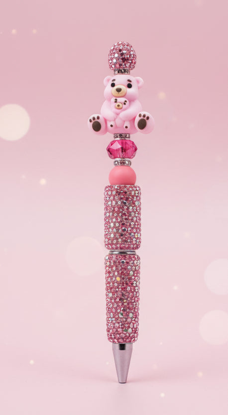Stylo Strass Rose "Maman Ours et son bébé"