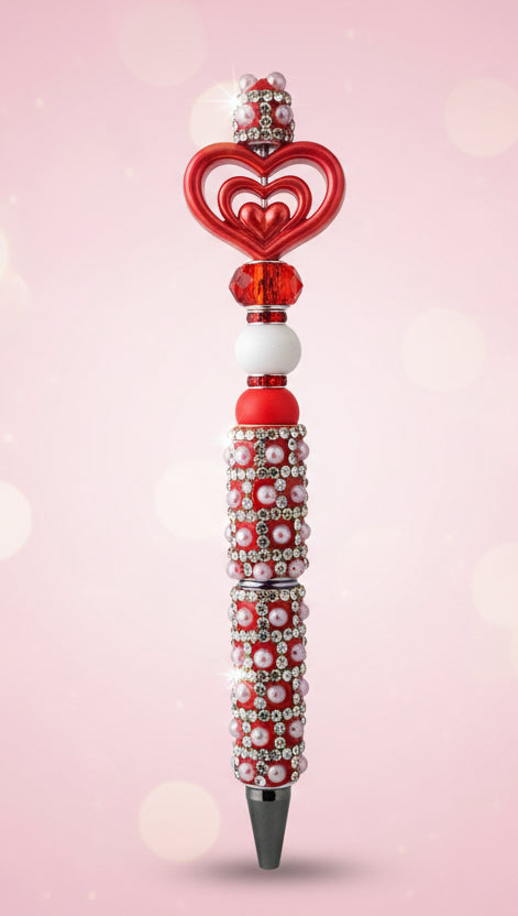 Stylo Strass et Perles Rouge "Coeur"