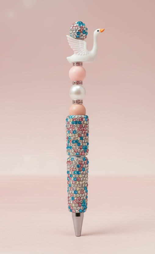 Stylo Strass Rose et bleu "Cygne"