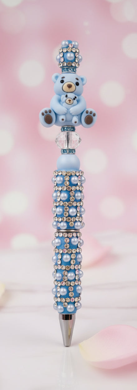 Stylo Strass et perles Bleu "Maman Ours et son bébé"
