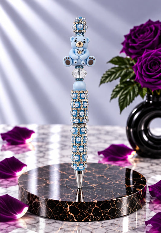 Stylo Strass et perles Bleu "Maman Ours et son bébé"