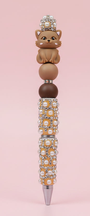 Stylo marron strass et perles "Chat"