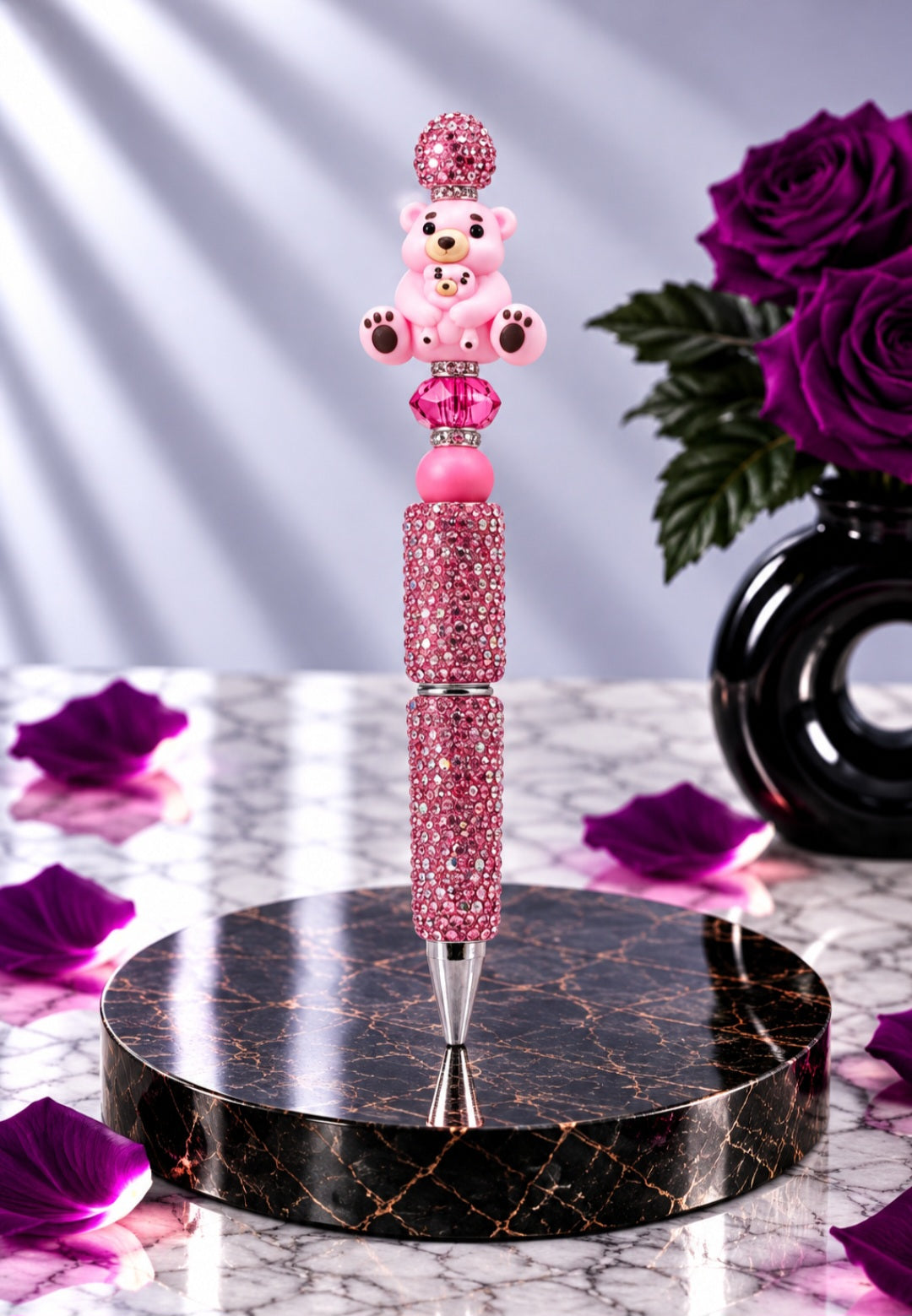 Stylo Strass Rose "Maman Ours et son bébé"